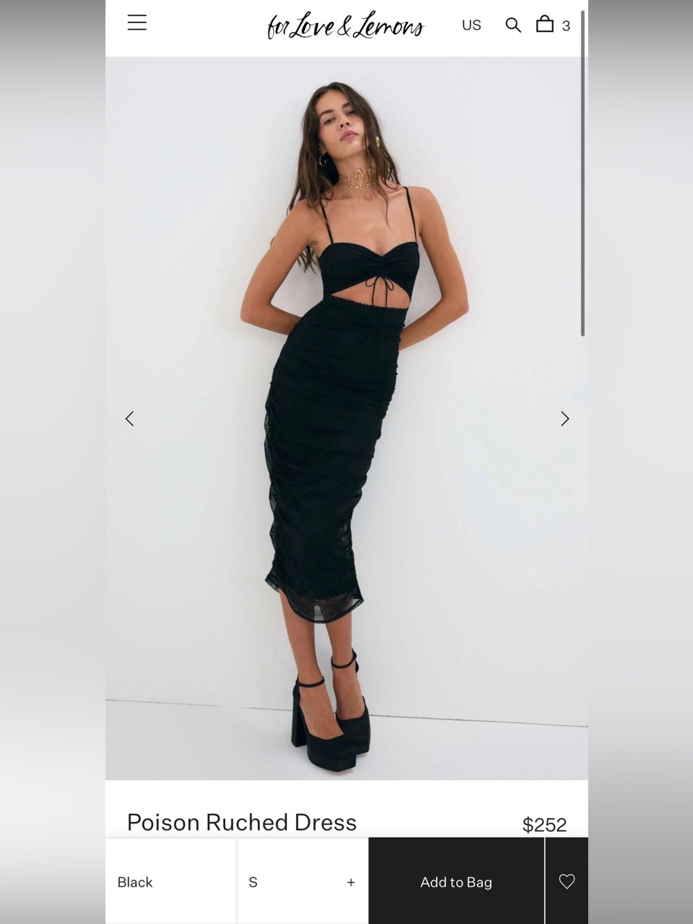 For Love and Lemons Poison Ruched Dress - black lace cut out midi